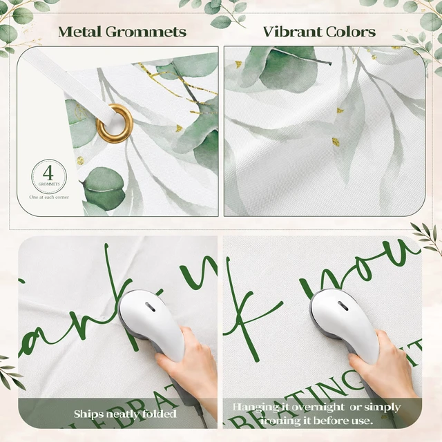 Alt view image 3 of 6 - 6×3.6 ft Wedding Baby Shower Backdrop Banner Welcome Background Greenery Eucalyptus Sage Green with Golden Metal Eyelet and String Thank You for Celebrating with Us Bridal Shower Party Decor