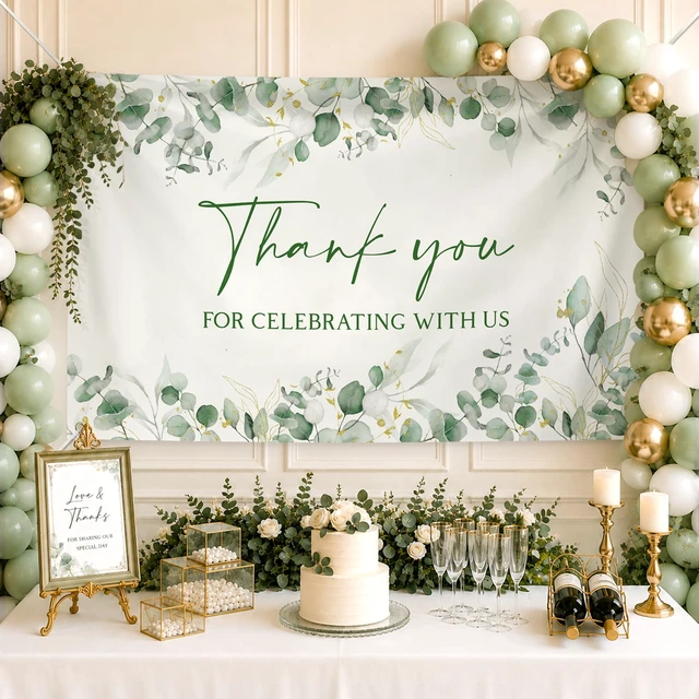 Alt view image 4 of 6 - 6×3.6 ft Wedding Baby Shower Backdrop Banner Welcome Background Greenery Eucalyptus Sage Green with Golden Metal Eyelet and String Thank You for Celebrating with Us Bridal Shower Party Decor