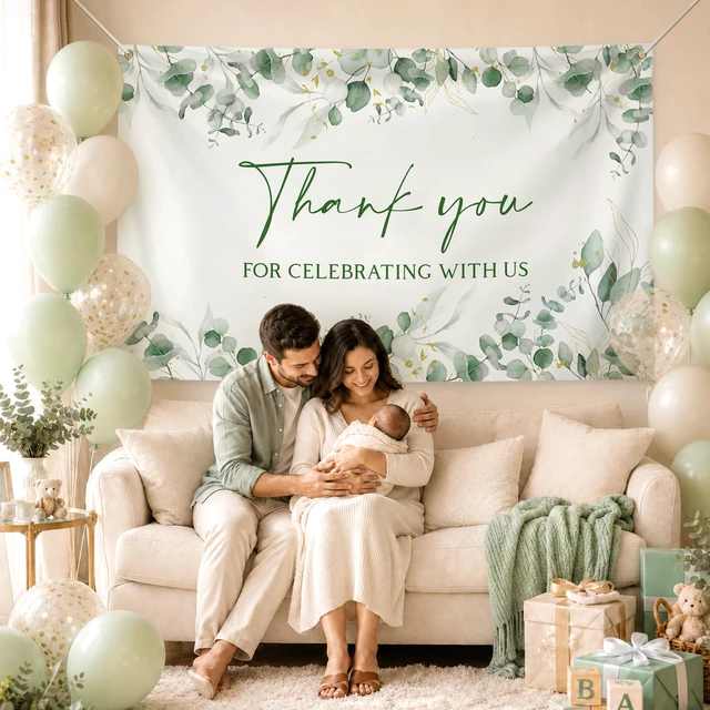 Alt view image 5 of 6 - 6×3.6 ft Wedding Baby Shower Backdrop Banner Welcome Background Greenery Eucalyptus Sage Green with Golden Metal Eyelet and String Thank You for Celebrating with Us Bridal Shower Party Decor