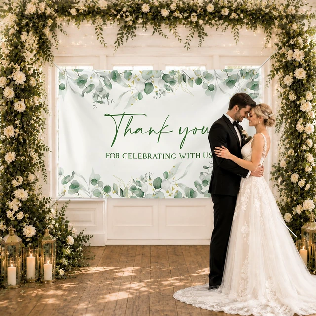 Alt view image 6 of 6 - 6×3.6 ft Wedding Baby Shower Backdrop Banner Welcome Background Greenery Eucalyptus Sage Green with Golden Metal Eyelet and String Thank You for Celebrating with Us Bridal Shower Party Decor