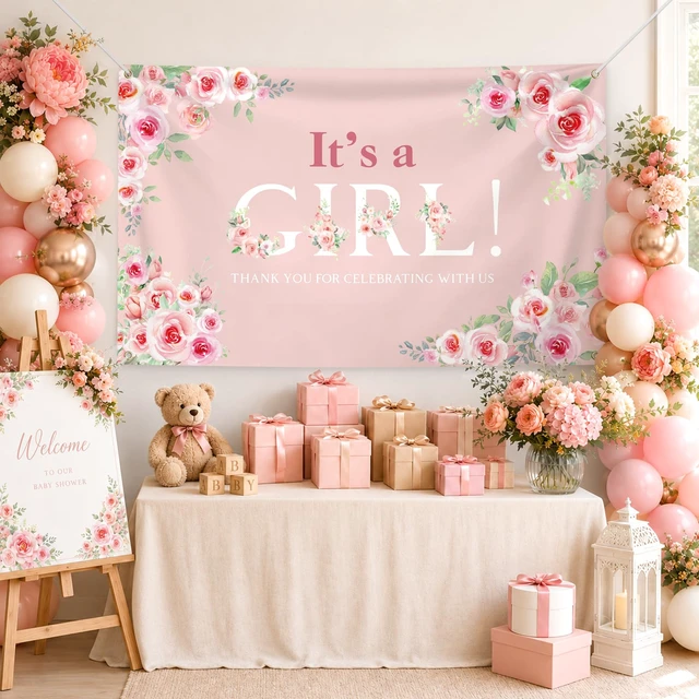 Alt view image 4 of 7 - 6 × 3.6 ft Its a Girl Baby Shower Backdrop Banner with Metal Eyelets and String Pink Rose Floral Girl Shower Gender Reveal Party Decorations Photo Booth Welcome Background