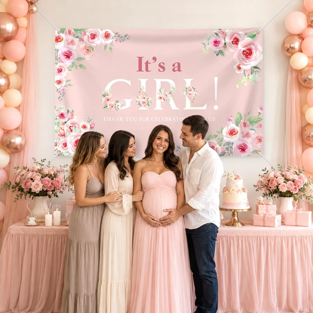 Alt view image 7 of 7 - 6 × 3.6 ft Its a Girl Baby Shower Backdrop Banner with Metal Eyelets and String Pink Rose Floral Girl Shower Gender Reveal Party Decorations Photo Booth Welcome Background
