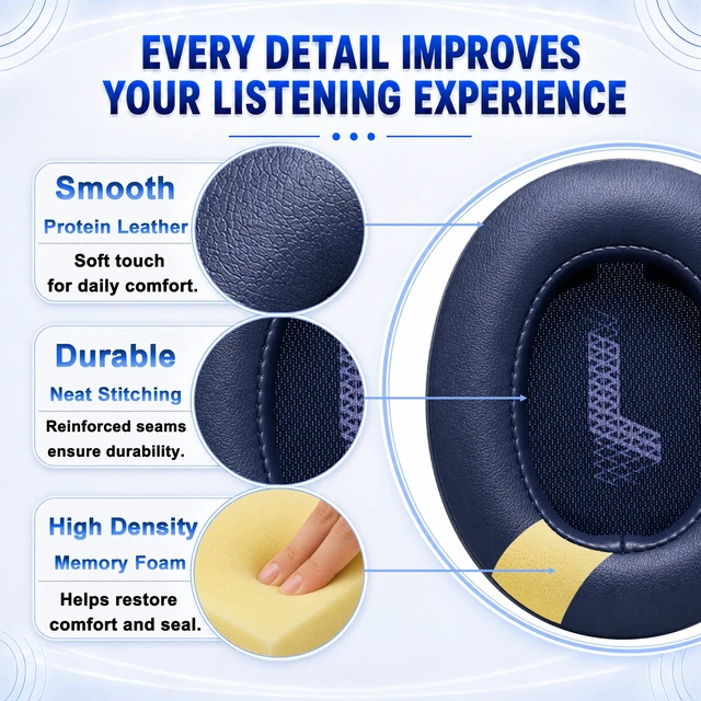 Alt view image 5 of 7 - Replacement Ear Pads for JBL Live 500BT/Live 500 BT Headphone, Extra Thick Cushions, Ear Cups Cover, Soft LeatherMemory Foam Headset Earpads (Blue)