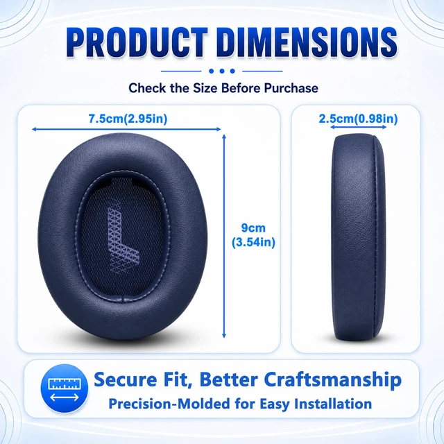Alt view image 6 of 7 - Replacement Ear Pads for JBL Live 500BT/Live 500 BT Headphone, Extra Thick Cushions, Ear Cups Cover, Soft LeatherMemory Foam Headset Earpads (Blue)
