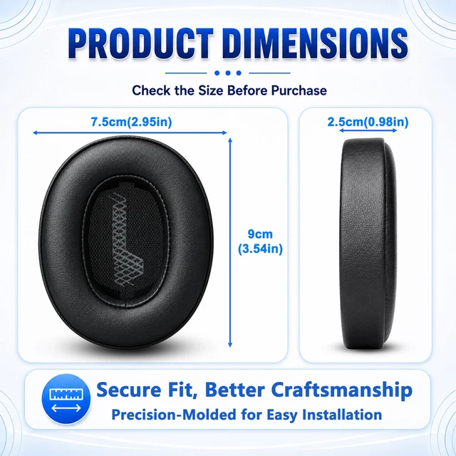 Alt view image 6 of 7 - Replacement Ear Pads for JBL Live 500BT/Live 500 BT Headphone, Extra Thick Cushions, Ear Cups Cover, Soft LeatherMemory Foam Headset Earpads (Black)