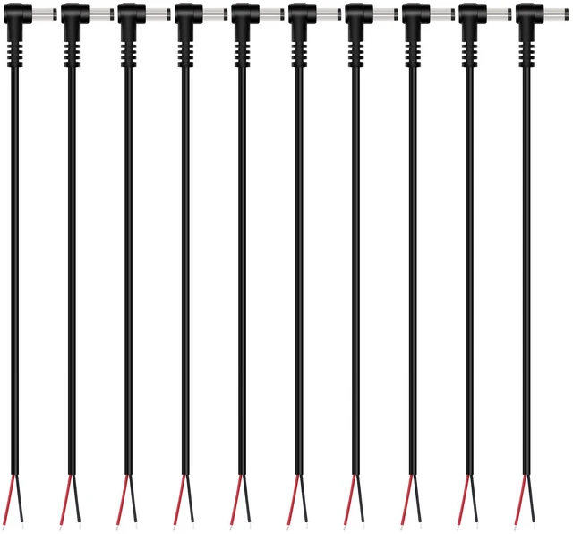 Main image of DC Power Pigtail Cable, 10-Pack 5.5mm x 2.5mm 90 Degree Right Angle DC Barrel Male Plug Jack Connector to Bare Wire Power Supply Adapter Repair Cord for CCTV Surveillance Security Camera LED Strip