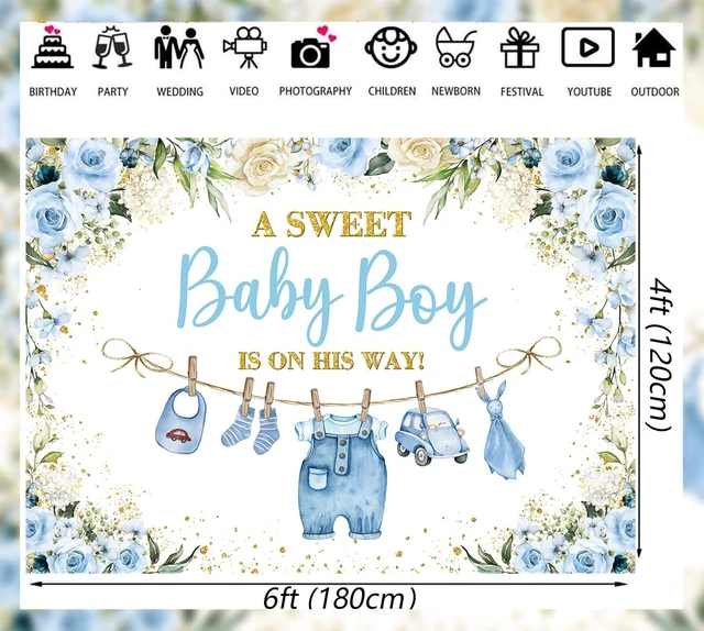 Alt view image 7 of 7 - Cute Clothes Baby Shower Backdrop for Boys Blue Flowers Leaves a Sweet Baby Boy is on The Way Background Newborn Kids Baby Shower Birthday Party Decorations Banner Supplies Photo Props (Blue, 6x4FT)