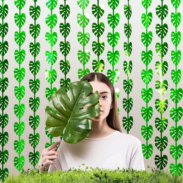 Alt view image 6 of 7 - 3Pack Jungle Leaf Foil Fringe Curtain for Jungle Party Decorations,3.3x6.6Ft Safari Theme Leaf Tinsel Streamer Backdrop,Photo Booth Prop Zoo Animal Birthday Party Supplies (3pcs Jungle Leaf)