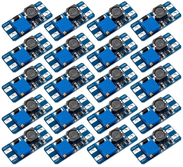 Main image of 20-Pack MT3608 Boost Converter, DC-DC Step Up, 2A 2-24V to 5-28V adjustable, up to 93% efficiency, for DIY power supply and voltage boosting projects