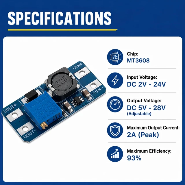 Alt view image 2 of 7 - 20-Pack MT3608 Boost Converter, DC-DC Step Up, 2A 2-24V to 5-28V adjustable, up to 93% efficiency, for DIY power supply and voltage boosting projects