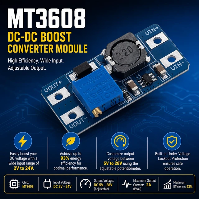 Alt view image 3 of 7 - 20-Pack MT3608 Boost Converter, DC-DC Step Up, 2A 2-24V to 5-28V adjustable, up to 93% efficiency, for DIY power supply and voltage boosting projects