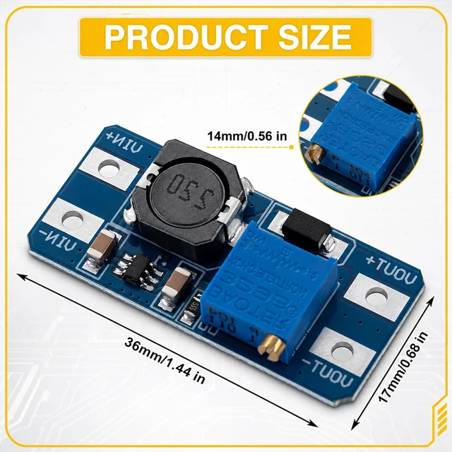 Alt view image 5 of 7 - 20-Pack MT3608 Boost Converter, DC-DC Step Up, 2A 2-24V to 5-28V adjustable, up to 93% efficiency, for DIY power supply and voltage boosting projects