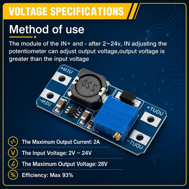 Alt view image 7 of 7 - 20-Pack MT3608 Boost Converter, DC-DC Step Up, 2A 2-24V to 5-28V adjustable, up to 93% efficiency, for DIY power supply and voltage boosting projects