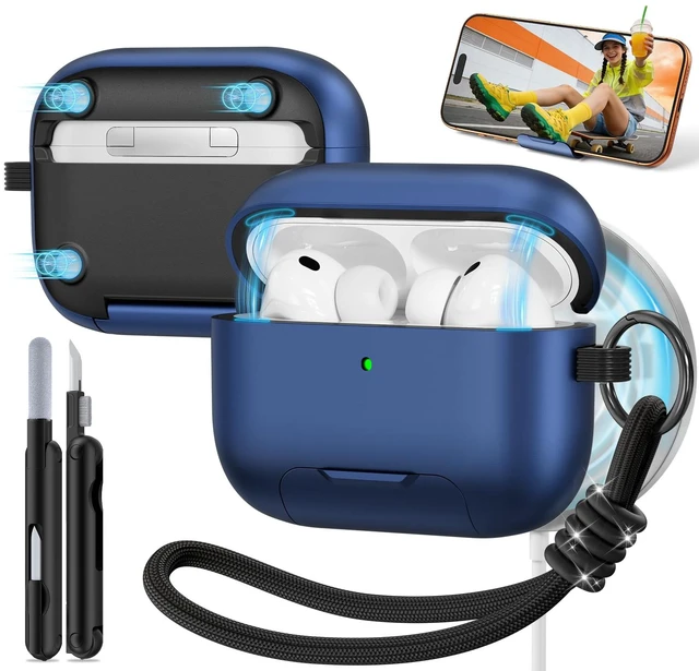Main image of for AirPods Pro 3 Case, Magnetic Lock Design (Navy Blue) Built-in Phone Stand, Magnetic Lock Design, Compatible with Magsafe, Anti-Scratch, Shockproof, with Cleaning Kit & Lanyard