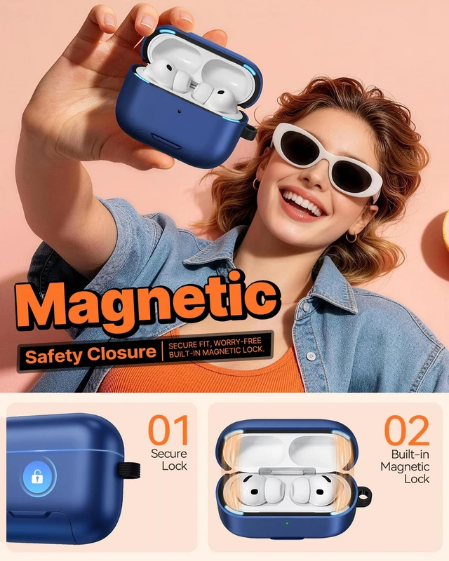 Alt view image 5 of 7 - for AirPods Pro 3 Case, Magnetic Lock Design (Navy Blue) Built-in Phone Stand, Magnetic Lock Design, Compatible with Magsafe, Anti-Scratch, Shockproof, with Cleaning Kit & Lanyard
