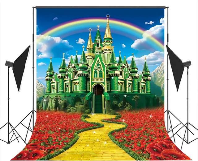 Alt view image 2 of 7 - Green Castle Yellow Brick Road Backdrop 8x10FT Rainbow Floral Castle Gold Brick Road Photography Background Halloween Baby Shower Princess Birthday Party Decorations Supplies