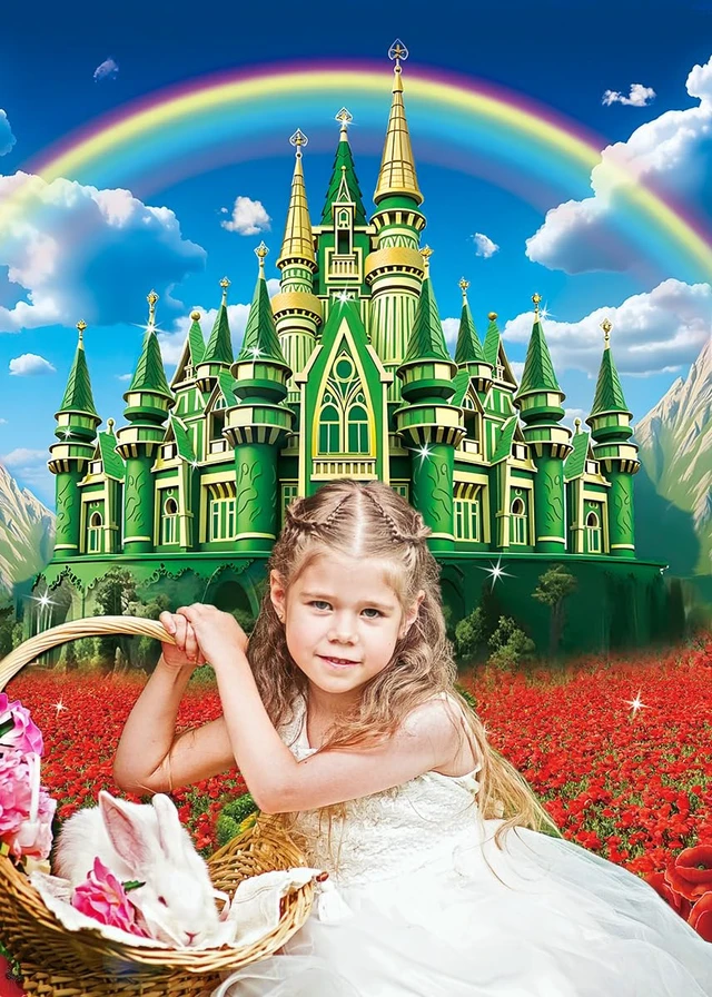 Alt view image 4 of 7 - Green Castle Yellow Brick Road Backdrop 8x10FT Rainbow Floral Castle Gold Brick Road Photography Background Halloween Baby Shower Princess Birthday Party Decorations Supplies