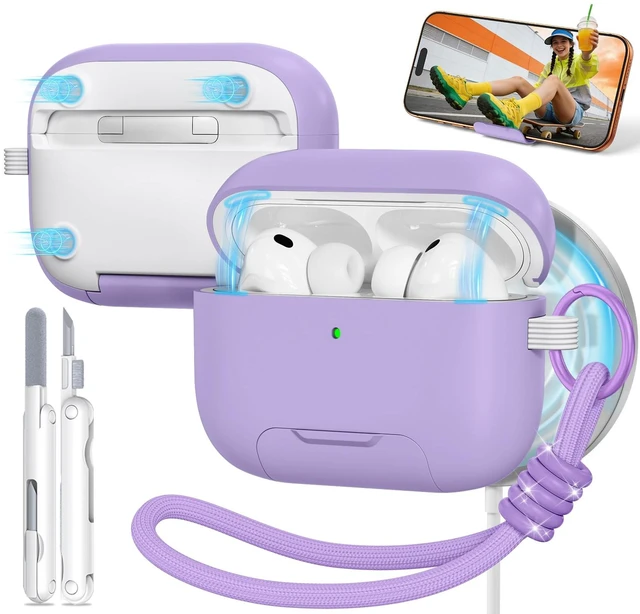 Main image of for AirPods Pro 3 Case, Magnetic Lock Design (Purple) Built-in Phone Stand, Magnetic Lock Design, Compatible with Magsafe, Anti-Scratch, Shockproof, with Cleaning Kit & Lanyard