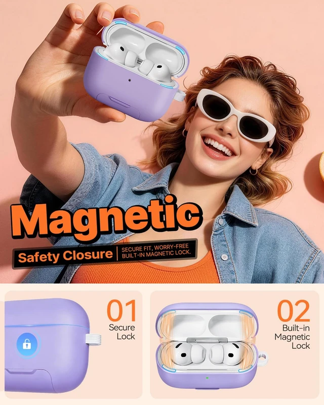 Alt view image 5 of 7 - for AirPods Pro 3 Case, Magnetic Lock Design (Purple) Built-in Phone Stand, Magnetic Lock Design, Compatible with Magsafe, Anti-Scratch, Shockproof, with Cleaning Kit & Lanyard