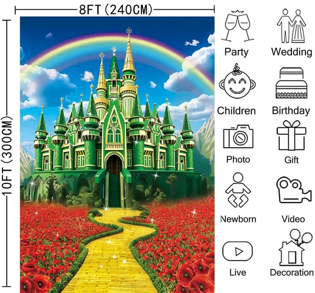 Alt view image 6 of 7 - Green Castle Yellow Brick Road Backdrop 8x10FT Rainbow Floral Castle Gold Brick Road Photography Background Halloween Baby Shower Princess Birthday Party Decorations Supplies