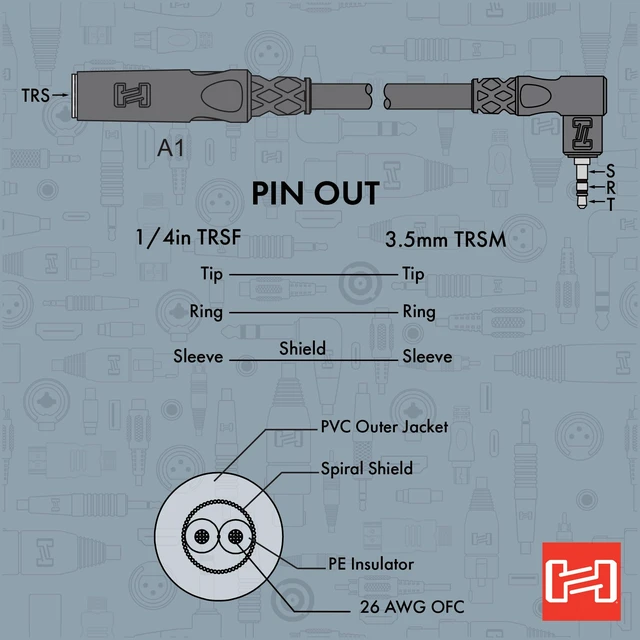 Alt view image 6 of 7 - MHE-100.5 1/4" TRS to Right Angle 3.5 mm TRS Headphone Adaptor Cable, 6 Inch (Pack of 2)