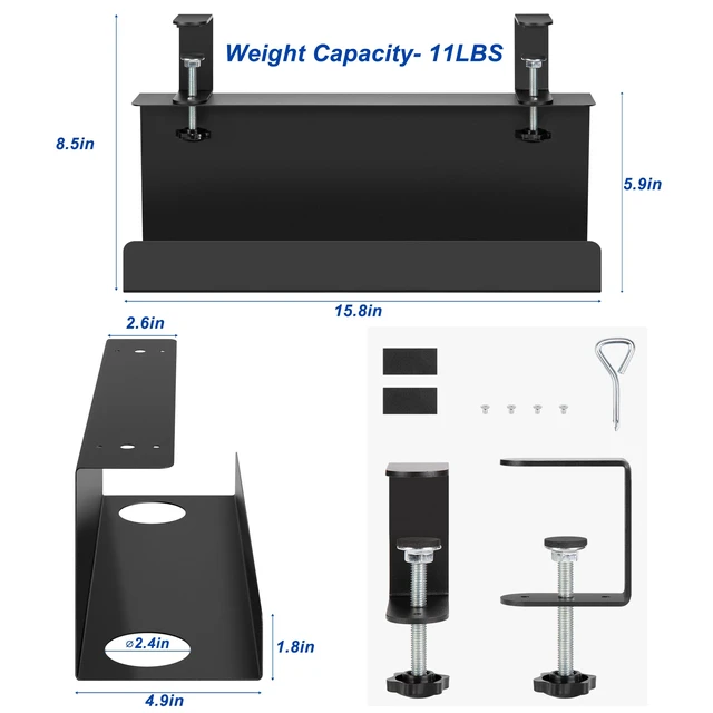 Alt view image 2 of 6 - 16in Cable Management Under Desk Tray, 4.9in W x 5.9in H, Black Clamp-On, No-Drill Wire Tray, Sturdy Steel Rack Holds 11 lbs, Extra-Large Power Strip Holder, Cord Hider for Office & Home