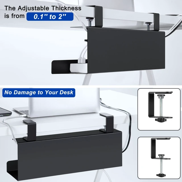 Alt view image 3 of 6 - 16in Cable Management Under Desk Tray, 4.9in W x 5.9in H, Black Clamp-On, No-Drill Wire Tray, Sturdy Steel Rack Holds 11 lbs, Extra-Large Power Strip Holder, Cord Hider for Office & Home