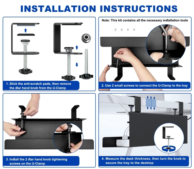 Alt view image 4 of 6 - 16in Cable Management Under Desk Tray, 4.9in W x 5.9in H, Black Clamp-On, No-Drill Wire Tray, Sturdy Steel Rack Holds 11 lbs, Extra-Large Power Strip Holder, Cord Hider for Office & Home