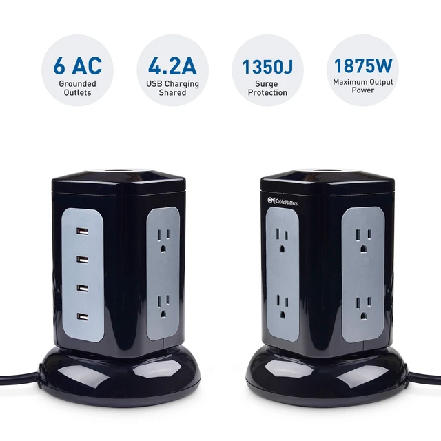 Alt view image 2 of 6 - 6-Outlet Surge Protector Tower, 4 USB Ports, 10ft