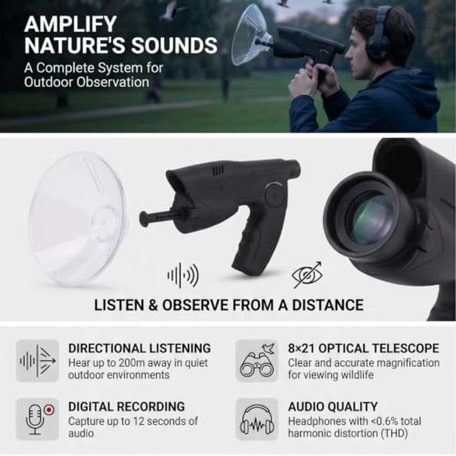 Alt view image 3 of 7 - Parabolic Microphone Monoculars, 8X Magnification, Bionic Ear Amplifier ABS Engineering Plastic Body with Rubber Coating, Directional Sound Up to 200 Meters, 694g Lightweight Design, 12-Second