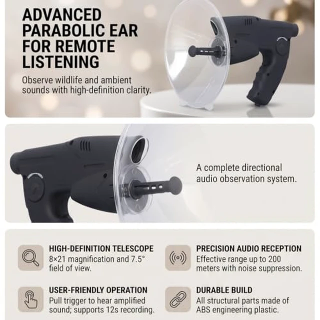 Alt view image 4 of 7 - Parabolic Microphone Monoculars, 8X Magnification, Bionic Ear Amplifier ABS Engineering Plastic Body with Rubber Coating, Directional Sound Up to 200 Meters, 694g Lightweight Design, 12-Second