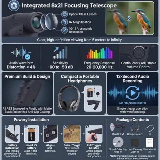 Alt view image 5 of 7 - Parabolic Microphone Monoculars, 8X Magnification, Bionic Ear Amplifier ABS Engineering Plastic Body with Rubber Coating, Directional Sound Up to 200 Meters, 694g Lightweight Design, 12-Second