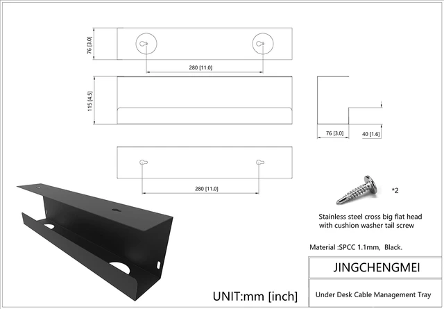 Alt view image 6 of 7 - Under Desk 17 inch Wide Cable Management Tray Steel Power Strip Holder, Cord Organizer, Wire Management Tamers for Office and Home, Black (UDCMT17In, Black)