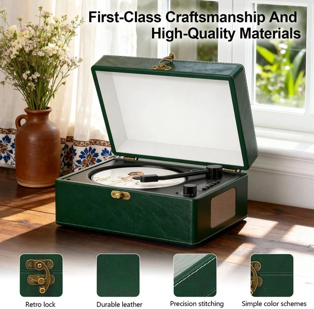 Alt view image 4 of 7 - Retro CD Player with Speakers Bluetooth in & Out Dark Green Bluetooth Portable Rechargeable 2000mAh,Auto Off,Pre-read,Anti-Vibration,CD/USB/3.5mm AUX-in//LED Display/CD-R/CD-RW/MP3/WMA