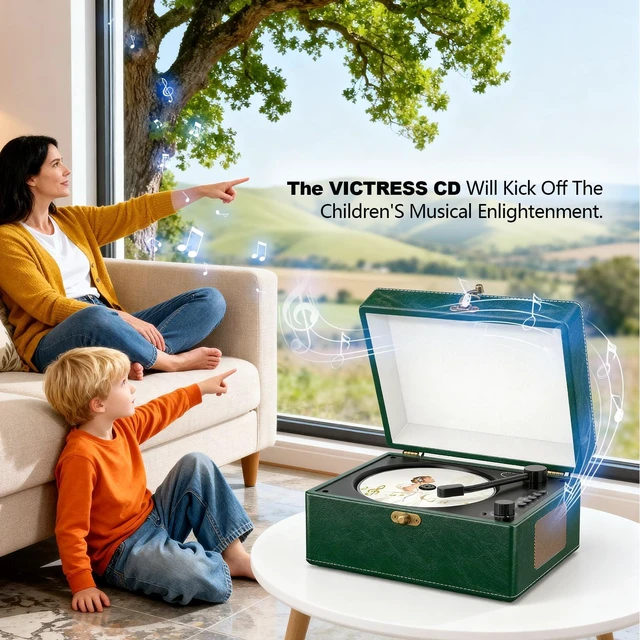 Alt view image 7 of 7 - Retro CD Player with Speakers Bluetooth in & Out Dark Green Bluetooth Portable Rechargeable 2000mAh,Auto Off,Pre-read,Anti-Vibration,CD/USB/3.5mm AUX-in//LED Display/CD-R/CD-RW/MP3/WMA