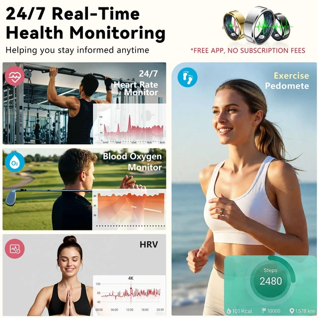 Alt view image 3 of 7 - Smart Ring for Women & Men, Fitness & Sleep Tracker, Size 9, Gold No Subscription Fees, 24/7 Activity Tracking, Sleep Monitoring, Women's Health, IP68 Waterproof