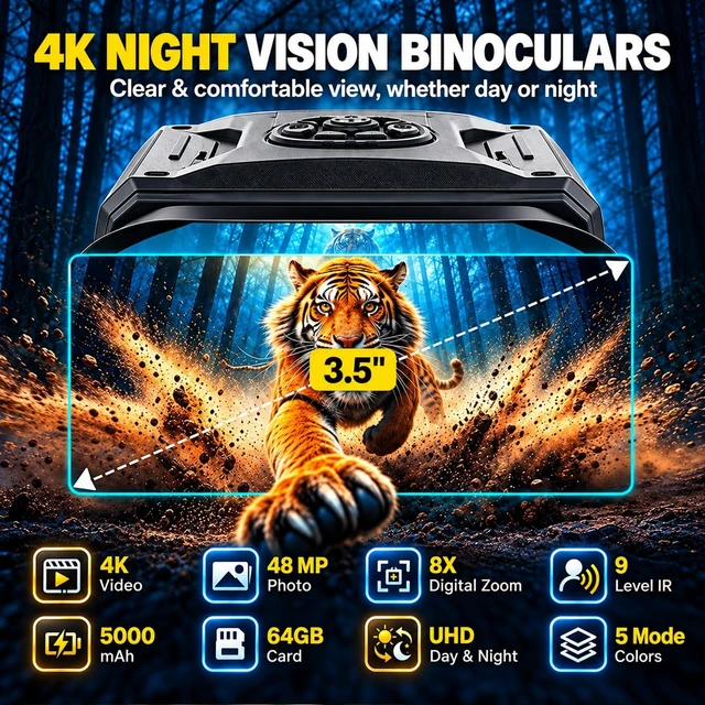 Alt view image 2 of 7 - 4K Night Vision Goggles, 48MP Infrared Night Vision Binoculars 8X Zoom, 9 Level lR, 984 FT Night Vision, 5000mAh Rechargeable, 64G TF Card, PC Mode for Hunting, Wildlife Observation
