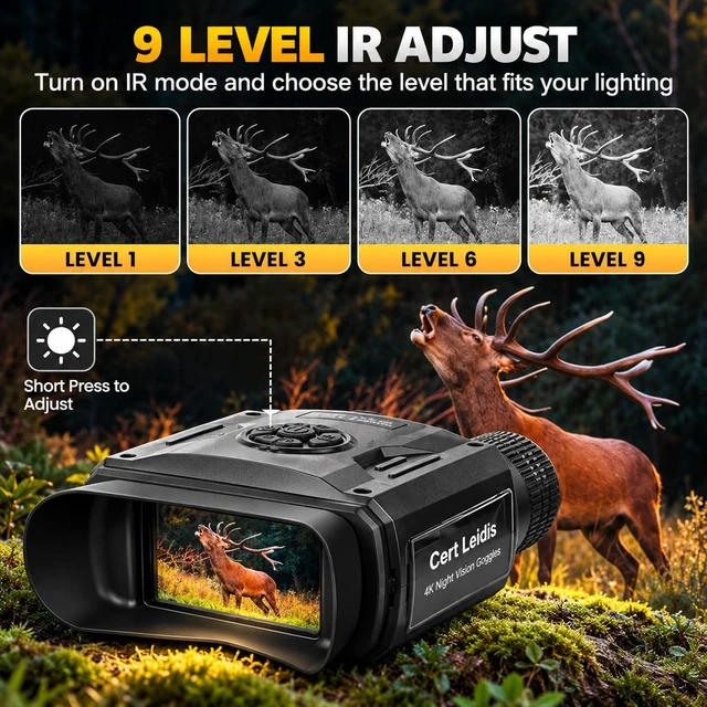 Alt view image 5 of 7 - 4K Night Vision Goggles, 48MP Infrared Night Vision Binoculars 8X Zoom, 9 Level lR, 984 FT Night Vision, 5000mAh Rechargeable, 64G TF Card, PC Mode for Hunting, Wildlife Observation