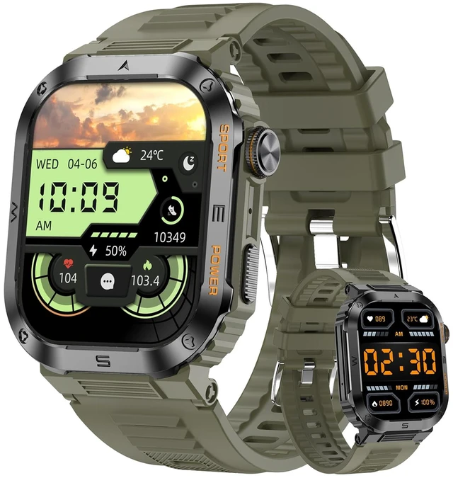 Main image of Military Smartwatch for Men, 2.01" HD Screen reloj inteligente para Hombre, Answer/Make Calls, IP68 Waterproof Sports Fitness Tracker with Heart Rate, Blood Oxygen, Sleep Monitor, Green