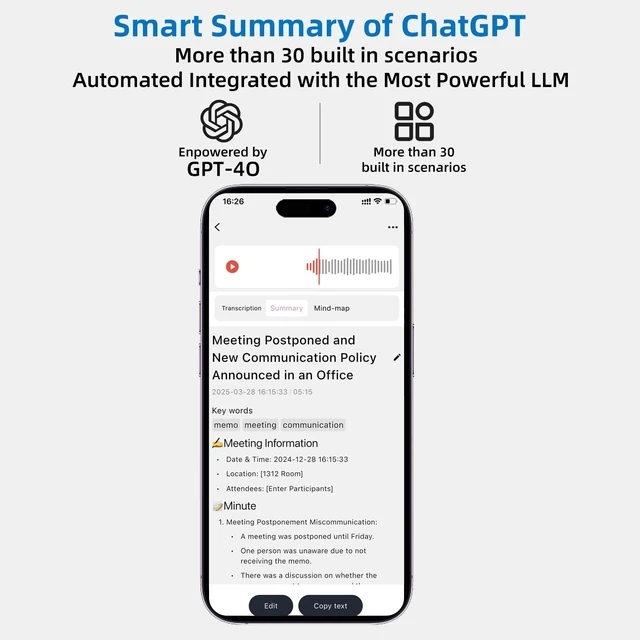Alt view image 2 of 7 - AI Voice Recorder, Transcribe & Summarize AI Note Taking Recording Device & App Control, Noise Cancellation, 140 Languages for Meetings, Lectures, Interviews, Black