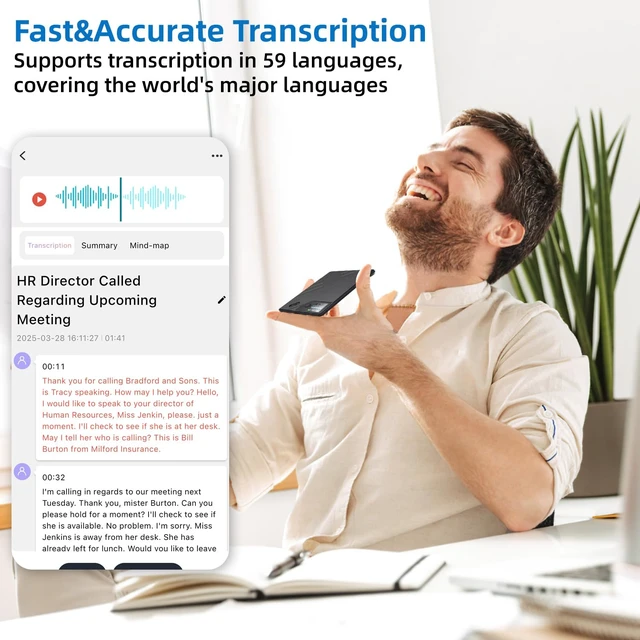 Alt view image 4 of 7 - AI Voice Recorder, Transcribe & Summarize AI Note Taking Recording Device & App Control, Noise Cancellation, 140 Languages for Meetings, Lectures, Interviews, Black