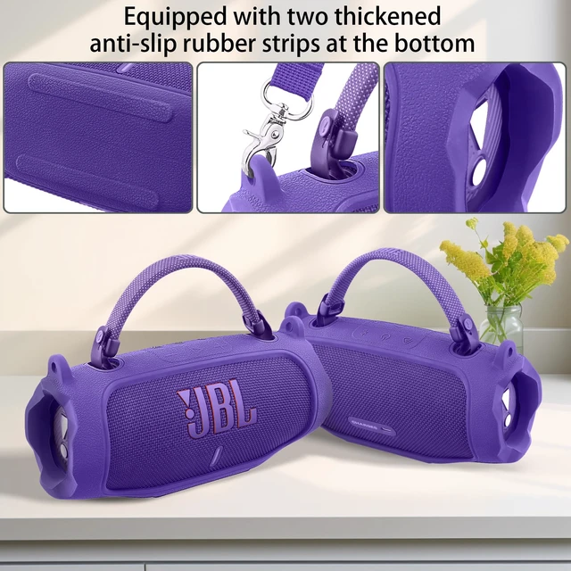 Alt view image 4 of 7 - Silicone Case for JBL Charge 6 Portable Bluetooth Speaker, Purple Travel Soft Cover with Detachable Shoulder Strap & Carabiner, Protective Skin Case, Comfortable Carrying, Bump Protection