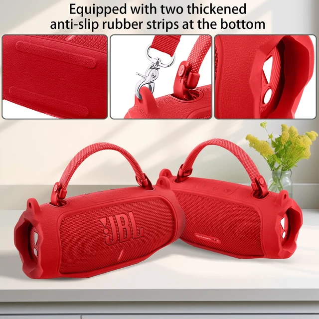 Alt view image 4 of 7 - Silicone Case for JBL Charge 6 Portable Bluetooth Speaker, Red Travel Soft Cover with Detachable Shoulder Strap & Carabiner, Protective Skin Case, Comfortable Carrying, Bump Protection