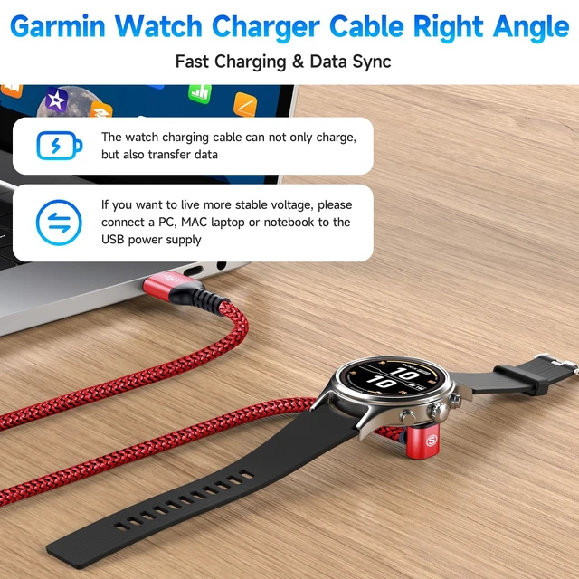 Alt view image 2 of 7 - Garmin Watch Charger Cable Right Angle Fast Charging Braided 2-Pack 4ft For Fenix 5/5S/5X/6/6S/6X/Plus/Pro/7/7S/7X/8, Forerunner 945/45/45S/245, Approach S10/S40/S60/G12/S42, Vívoactive 3/4/4S