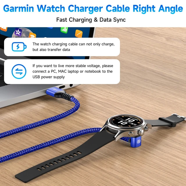 Alt view image 2 of 7 - Garmin Watch Charger Cable Right Angle Fast Charging Braided 2-Pack 4ft For Fenix 5/5S/5X/6/6S/6X/Plus/Pro/7/7S/7X/8, Forerunner 945/45/45S/245, Approach S10/S40/S60/G12/S42, Vívoactive 3/4/4S