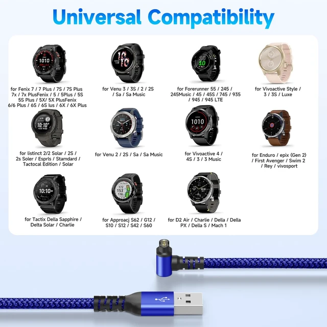 Alt view image 7 of 7 - Garmin Watch Charger Cable Right Angle Fast Charging Braided 2-Pack 4ft For Fenix 5/5S/5X/6/6S/6X/Plus/Pro/7/7S/7X/8, Forerunner 945/45/45S/245, Approach S10/S40/S60/G12/S42, Vívoactive 3/4/4S