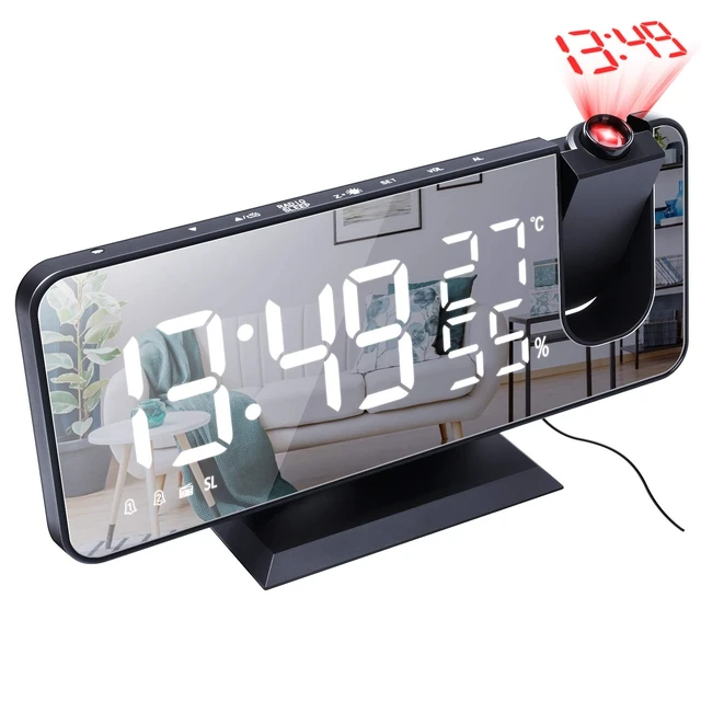 Alt view image 2 of 7 - Projection Alarm Clock for Bedroom Black-White Large 7.4'' LED Mirror Display, 4 Dimmer, Radio Alarm Clock with USB Charging, 180° Rotable, 2 Sounds