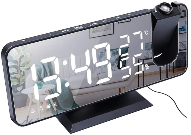 Main image of Projection Alarm Clock for Bedroom Black-White Large 7.4'' LED Mirror Display, 4 Dimmer, Radio Alarm Clock with USB Charging, 180° Rotable, 2 Sounds