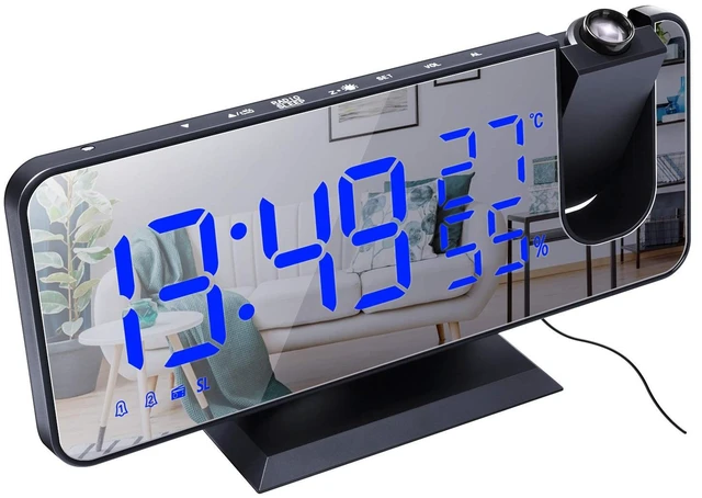 Main image of Projection Alarm Clock Radio Digital Alarm Clock, Black-Blue 4 Dimmer, 180° Rotatable, 2 Sounds, 7.4'' Large Mirror Display