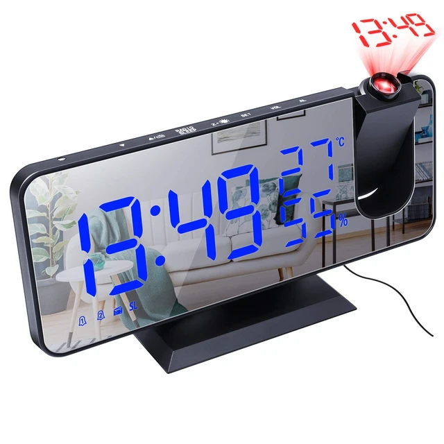 Alt view image 2 of 7 - Projection Alarm Clock Radio Digital Alarm Clock, Black-Blue 4 Dimmer, 180° Rotatable, 2 Sounds, 7.4'' Large Mirror Display